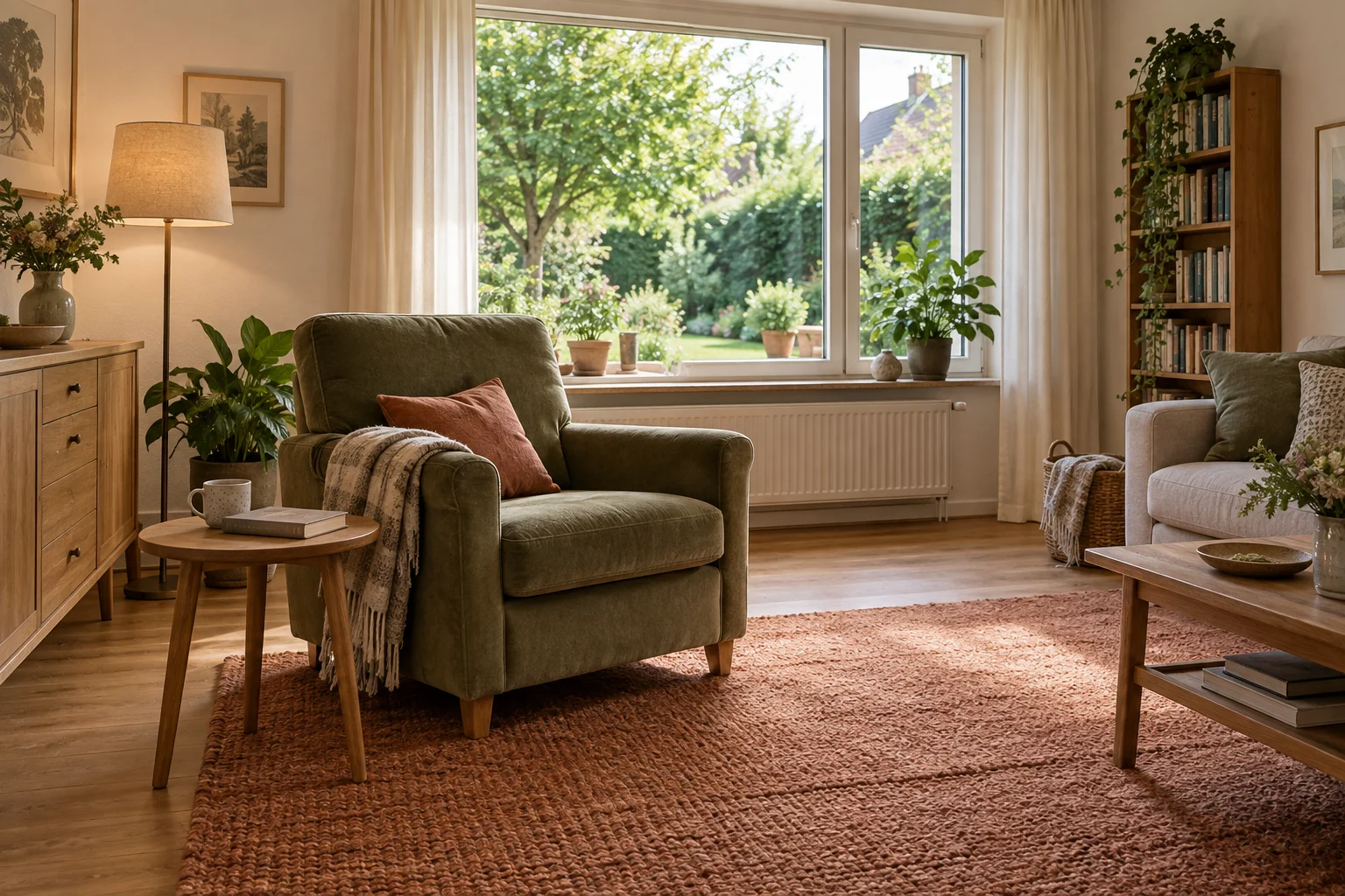 Ruhiger Wohnraum mit Sessel, Holztisch und Blick durch ein großes Fenster in den Garten.